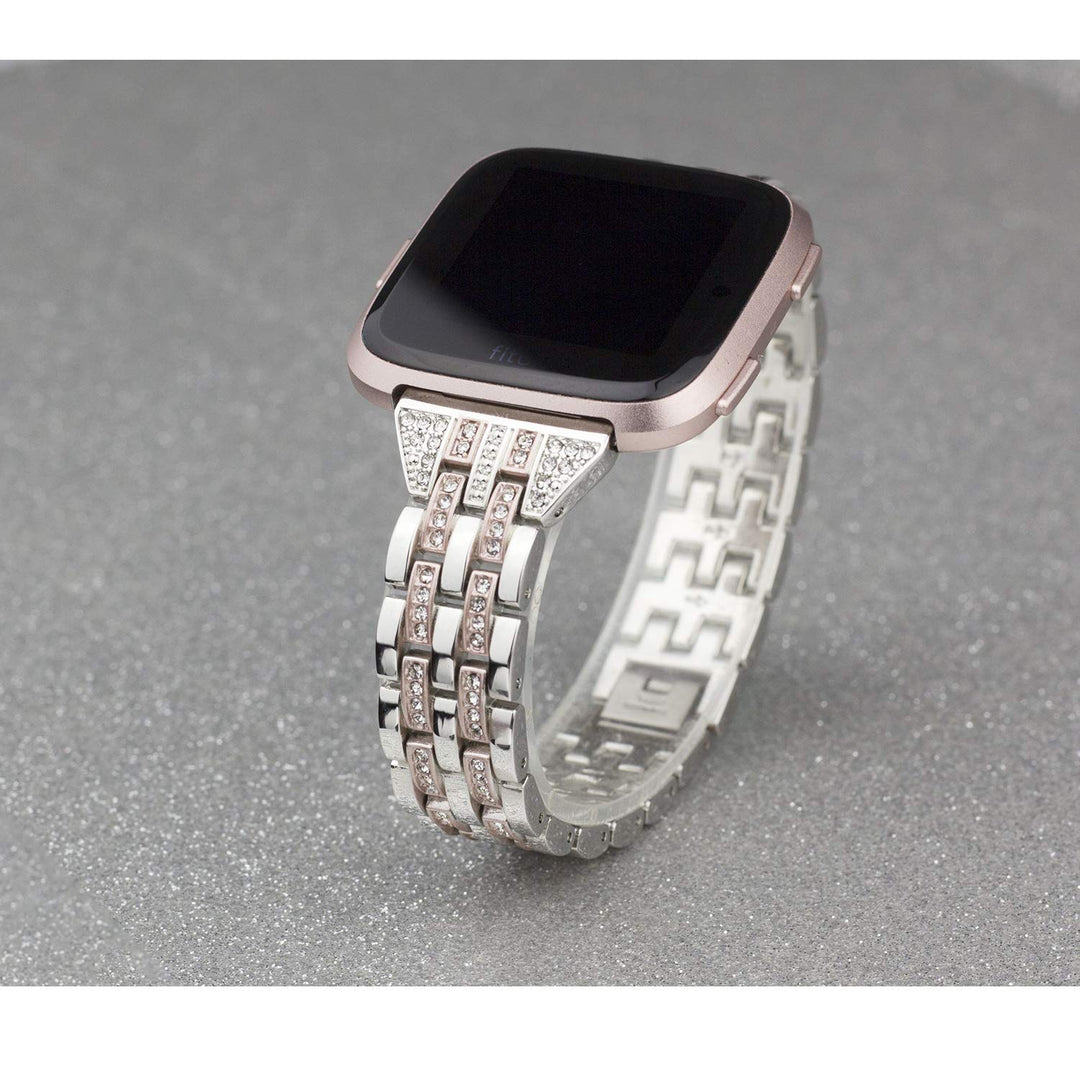 Bands Compatible with Fitbit Versa 2/Versa Lite/Versa, Women Replacement Metal Rhinestone Bling Bracelet Wristband, Silver with Rose Gold