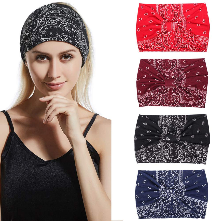 Assorted Paisley Print Wide Bandana Knot Headbands Criss Cross Head Wrap Hair Band (4 Colors Pack B)