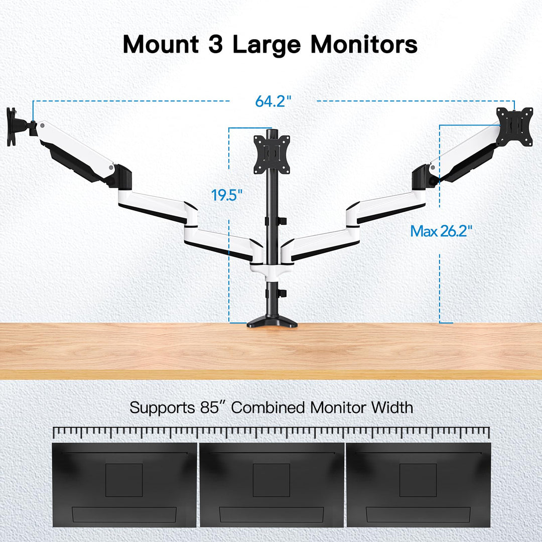 Triple Monitor Stand - Full Motion Articulating Gas Spring Monitor Mount Fit Three 17 to 32 inch LCD Computer Screens with Clamp, Grommet Kit