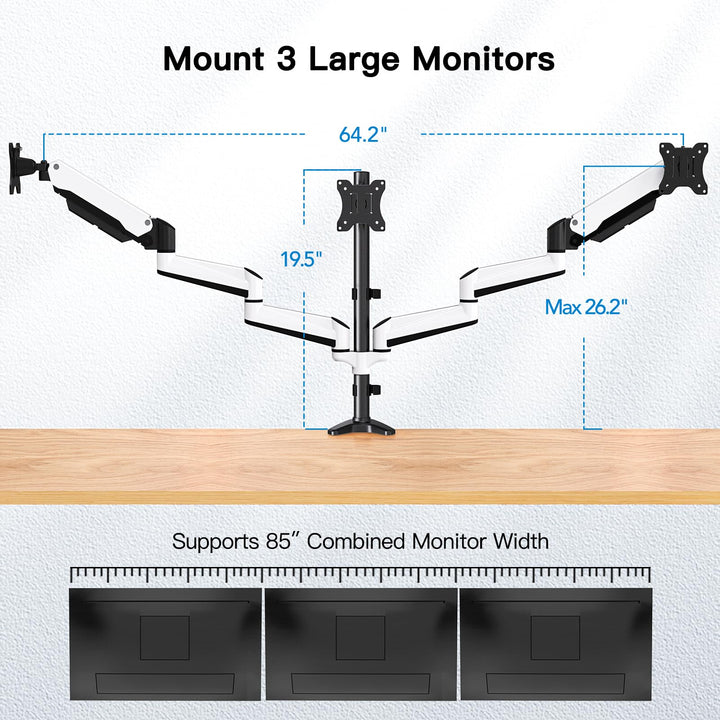 Triple Monitor Stand - Full Motion Articulating Gas Spring Monitor Mount Fit Three 17 to 32 inch LCD Computer Screens with Clamp, Grommet Kit