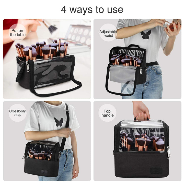 Makeup Brush Case Stand-up Makeup Cup Makeup Brush Holder Travel Professional Cosmetic Bag Artist Storage Bag Large Makeup Brush Bag with Adjustable Divider (Large, Black)