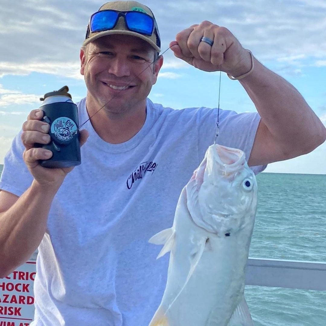 Fishing Can Cooler (from Shark Tank) | Hard Shell Drink Holder with Hand Line Reel Attached | Fits Any Standard Insulator Sleeve or Coozie | Unique Fun Fishing Gift (Camo Classic)