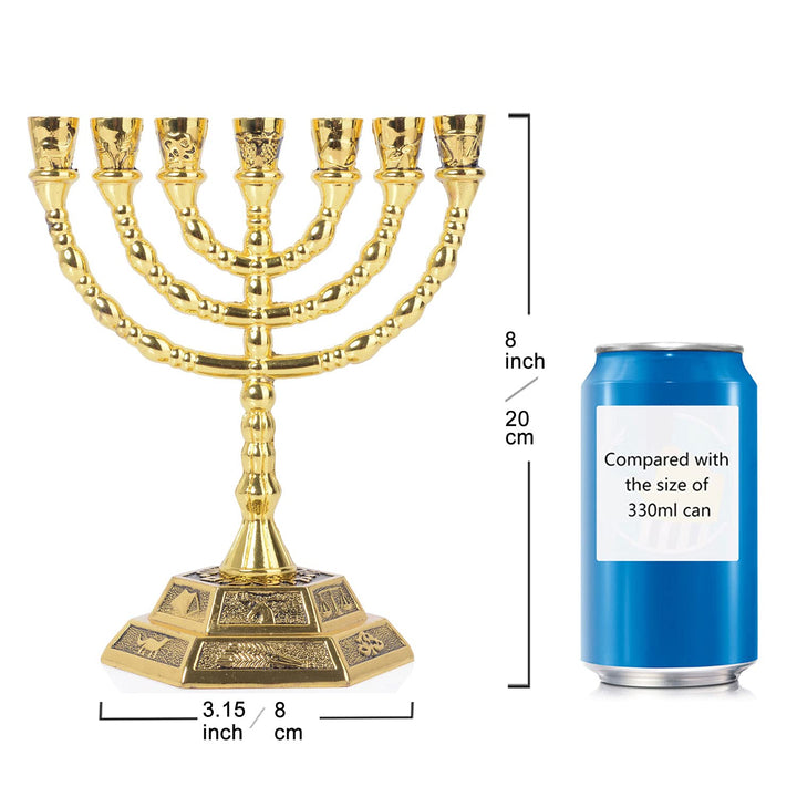 12 Tribes of Israel Menorah, Jerusalem Temple 7 Branch Jewish Candle Holder (8 Inches, Gold)