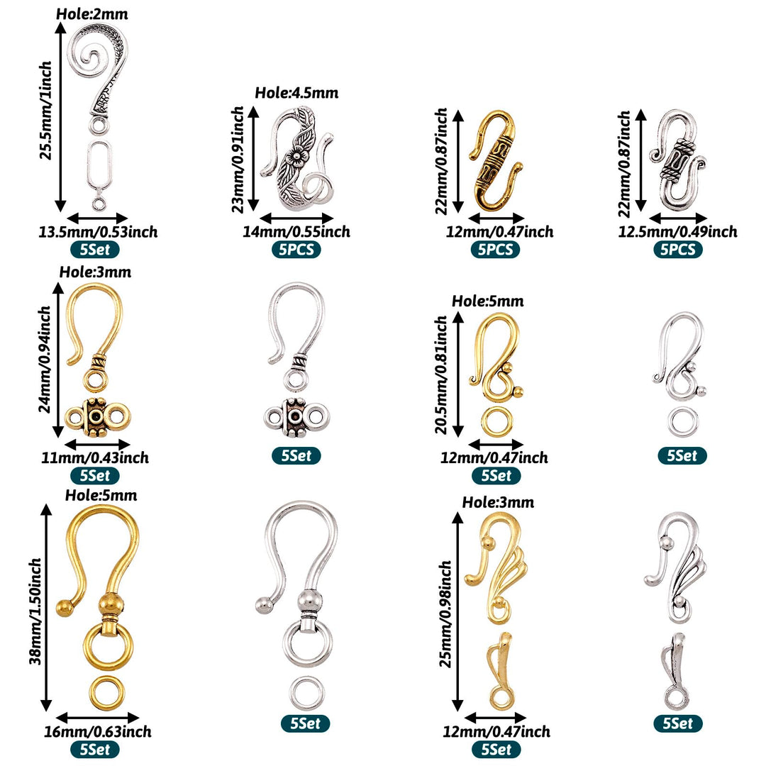 60 Sets 8 Styles Tibetan S Hook Ring Toggle Clasps End Clasps Connectors for Bracelet Jewelry Making