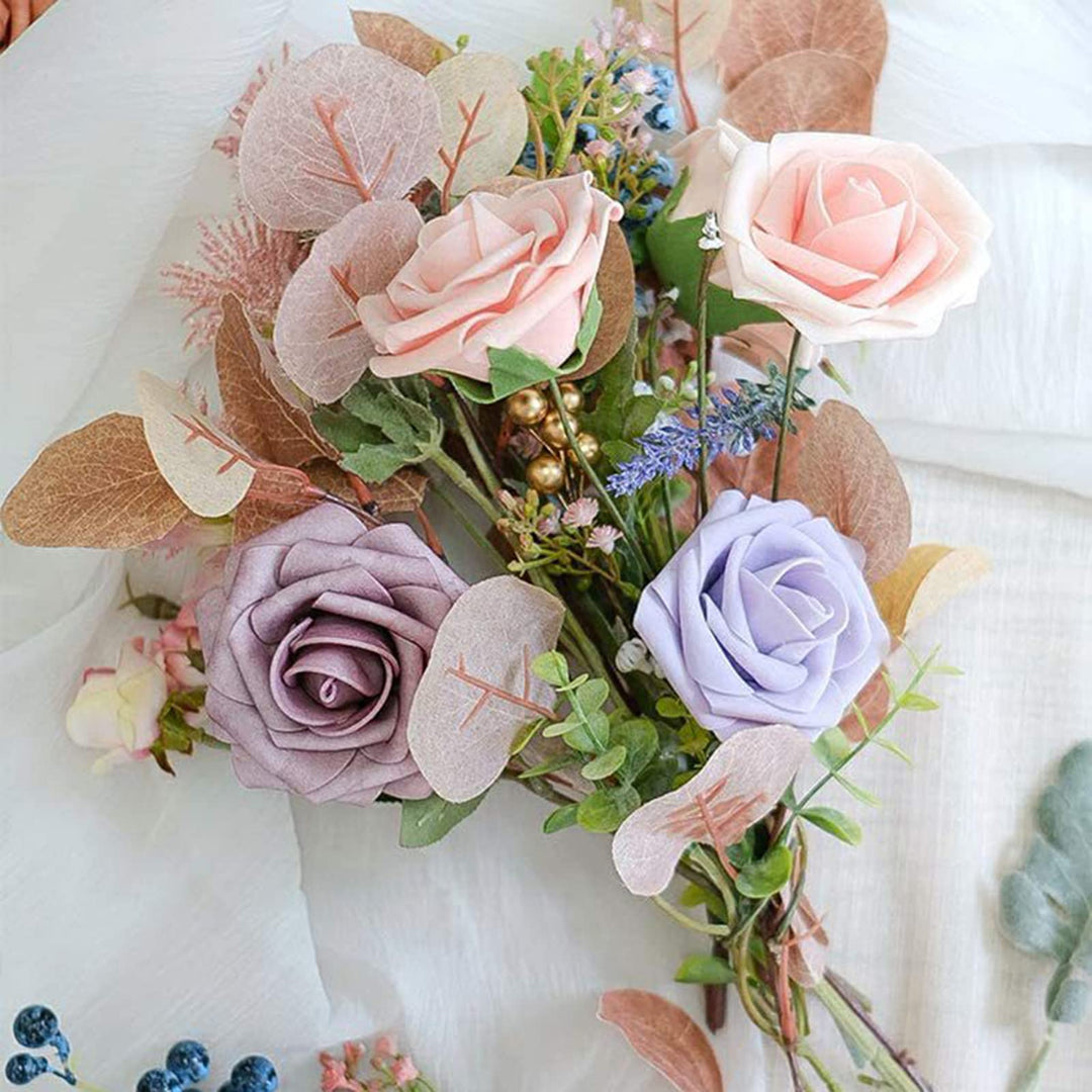 Artificial Flowers, 25Pcs Dainty Rose Artificial Wedding Fake Flowers Combo with Stem/Leaves for DIY Wedding Bouquets Centerpieces Floral Home Party Decorations (White, 25 Pcs)