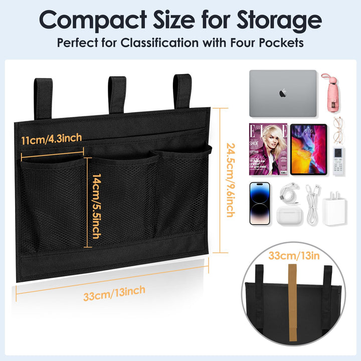 Bedside Caddy Storage Organizer, Hanging Storage Bag Pocket for Bunk/Hospital Beds,College Dorm Organizer for Remotes Phone,College Dorm,Camp,Baby Bed Rails(4 Pockets),Black