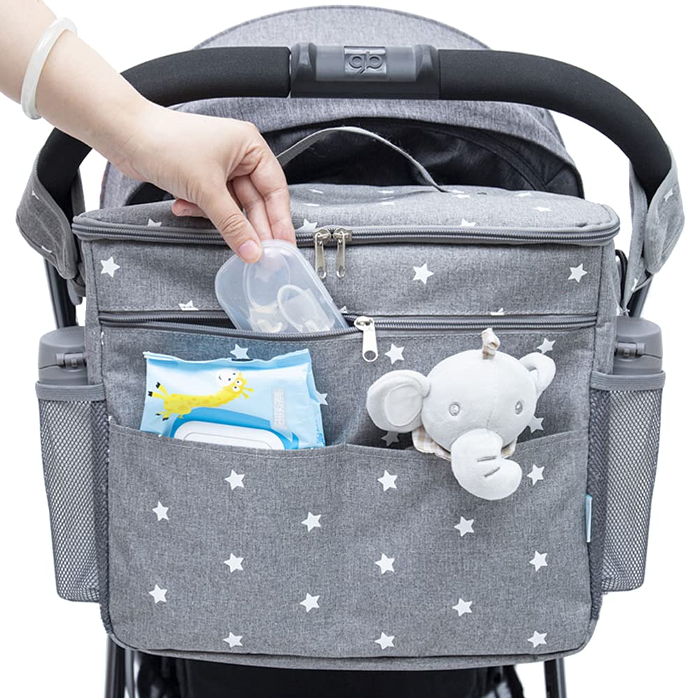 Orzbow XL Universal Stroller Organizer, Waterproof Large Baby Diaper Bag, Stroller Caddy Organizer with Cup Holder & Shoulder Strap, 4 Ways to Carry-Backpack, Shoulder, Messenger & Mom Handbag, Grey