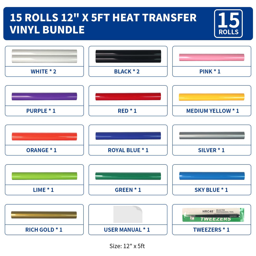 HTV Heat Transfer Vinyl Bundle (15 Pack) - 12 x 5ft HTV Vinyl Rolls for T-Shirts, Iron on Vinyl for Cricut Maker, Maker 3, Explore Air 2 All Cutter Machine - Easy to Cut &amp; Weed for Heat Vinyl Design