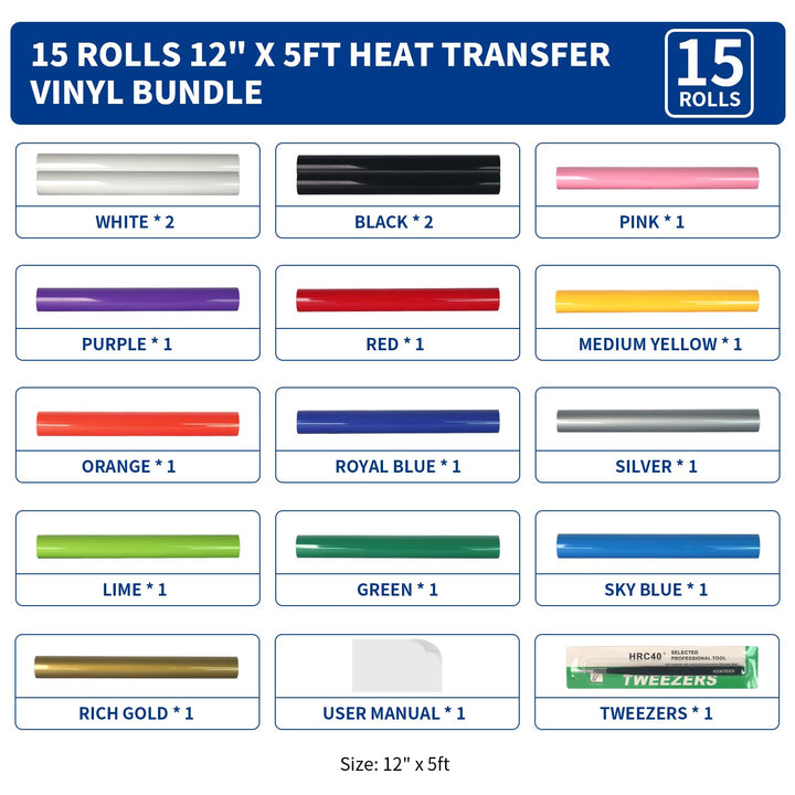 HTV Heat Transfer Vinyl Bundle (15 Pack) - 12 x 5ft HTV Vinyl Rolls for T-Shirts, Iron on Vinyl for Cricut Maker, Maker 3, Explore Air 2 All Cutter Machine - Easy to Cut &amp; Weed for Heat Vinyl Design