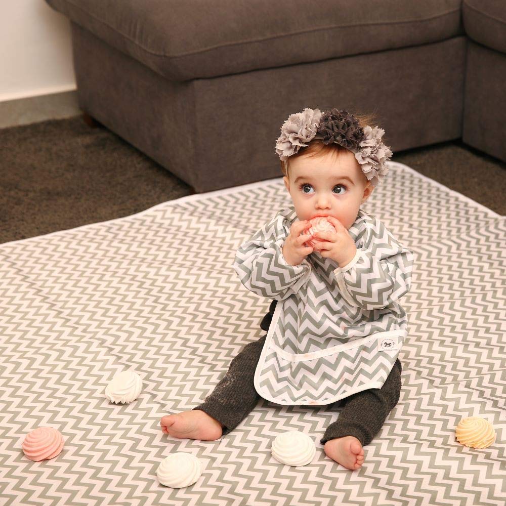 Baby Splat Mat for Under High Chair Floor Mat - Splash Mat, Waterproof Floor Mat - Anti Slip, Washable, Extra Large (51 Inch) + Baby Bib with Sleeves - Dinosaur