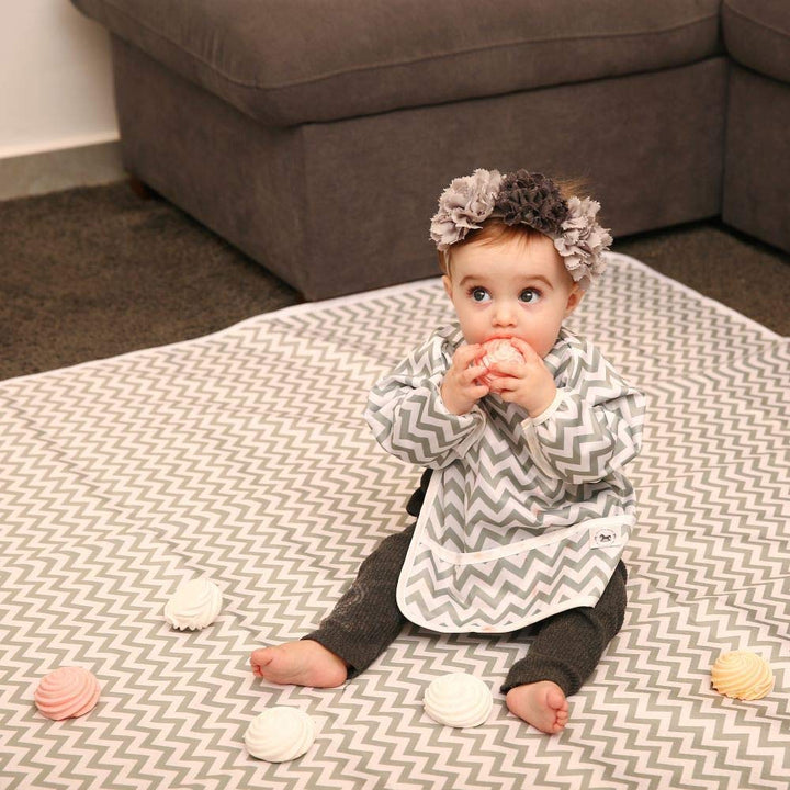 Baby Splat Mat for Under High Chair Floor Mat - Splash Mat, Waterproof Floor Mat - Anti Slip, Washable, Extra Large (51 Inch) + Baby Bib with Sleeves - Dinosaur