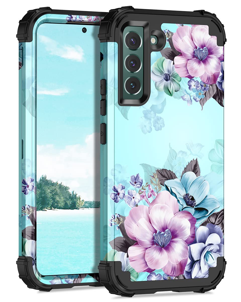 Compatible with Galaxy S22 5G Case,Floral Three Layer Heavy Duty Sturdy Shockproof Full Body Protective Cover Case for Samsung Galaxy S22 5G,Blue Flower