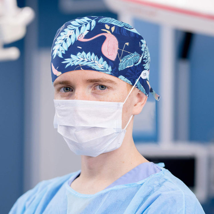 6 Pieces Scrub Caps with Buttons Printed Bouffant Hats with Sweatband Adjustable Working Cap Ponytail Scrub Caps for Nurses Men Women Multicolored