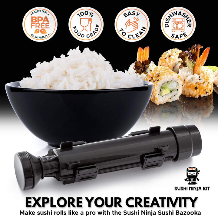 Sushi Making Kit for Beginners - Sushi Bazooka Sushi Maker Kit with Bamboo Sushi Rolling Mat, Sushi Knife, Avocado Slicer, Chopsticks, Rice Paddle, Rice Spreader, Sauce Dish &amp; DIY Sushi Roller Guide
