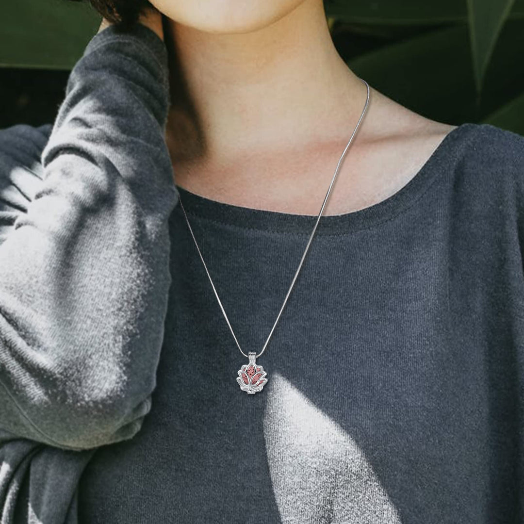 Essential Oil Diffuser Necklace Aromatherapy Jewelry for Women TeenGirls, Small Lotus Flower Pendant, 7 Lava Rock Stones, 24 Snake Chain