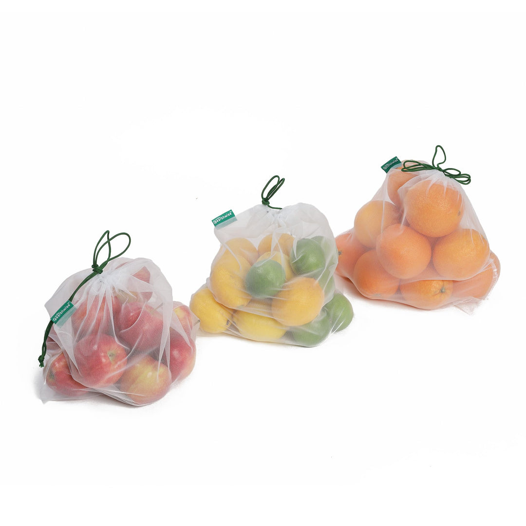 Reusable Mesh Produce Bags - Washable Set of 9 Premium Bags, TRANSPARENT Lightweight, Strong SEE-THROUGH Mesh for shopping, transporting and storing fruits and veggies.