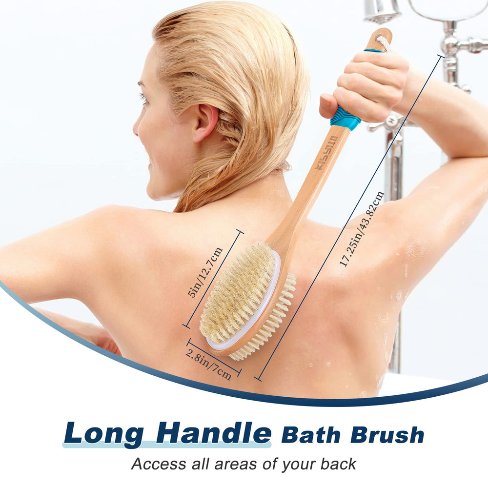 Ergonomically Back Scrubber for Shower - Double-Sided Back Brush Long Handle for Shower, Wet & Dry Brush for Cellulite and Lymphatic (Blue)