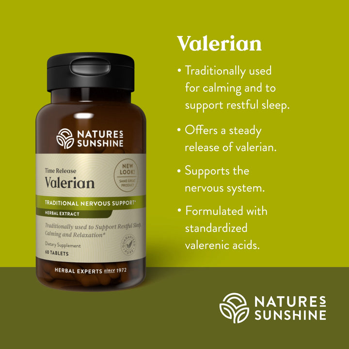 Nature&#39;s Sunshine Valerian Root Extract Time Release, 60 Capsules | Herbal Supplement Promotes Relaxation, Supports Sleep, and Delivers Natural Nervous System Support