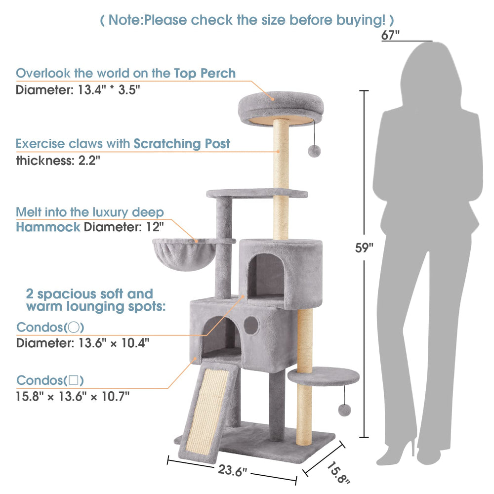 59 Multi-Level Cat Tree Cat Tower for Indoor Cats, Tall Plush Rest Area with Spacious Cat Condos, Scratching Posts with Hammock Basket and Hanging Toy, Cat Furniture with House for Rest & Fun