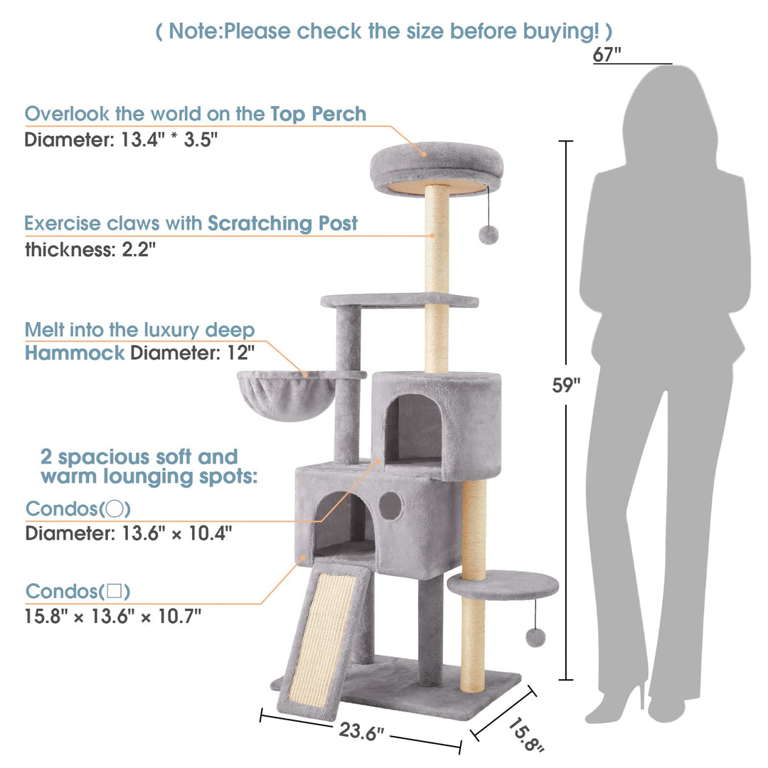 59 Multi-Level Cat Tree Cat Tower for Indoor Cats, Tall Plush Rest Area with Spacious Cat Condos, Scratching Posts with Hammock Basket and Hanging Toy, Cat Furniture with House for Rest &amp; Fun