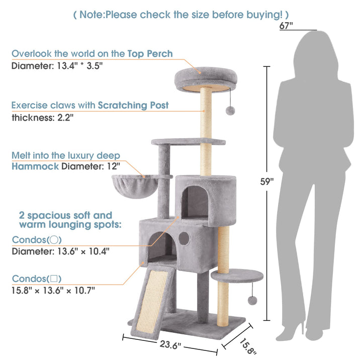 59 Multi-Level Cat Tree Cat Tower for Indoor Cats, Tall Plush Rest Area with Spacious Cat Condos, Scratching Posts with Hammock Basket and Hanging Toy, Cat Furniture with House for Rest &amp; Fun