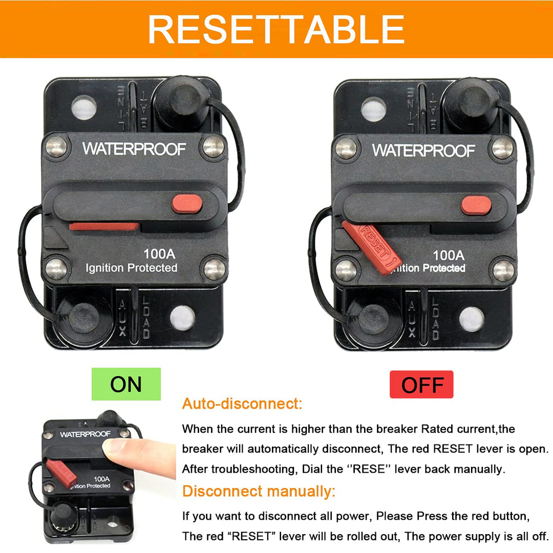 100 Amp Circuit Breaker with Manual Reset Fuse for Car Marine Trolling Motors Boat ATV Manual Power Protect for Audio System Fuse DC 12V-48V Waterproof (100A),74 x 49 x 44