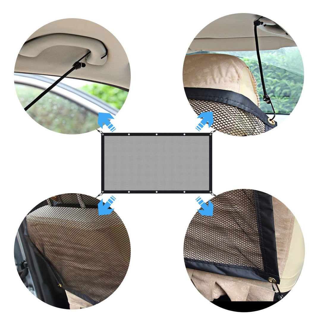 Dog Car Barrier, Adjustable Dog Net for Car Between Seats, Pet Net Barrier Front Seat, SUV Car Mesh Barrier Back Seat with Flexible Bungee Cords and Hooks, Universal Fit Sturdy Mesh Front Seat Barrier