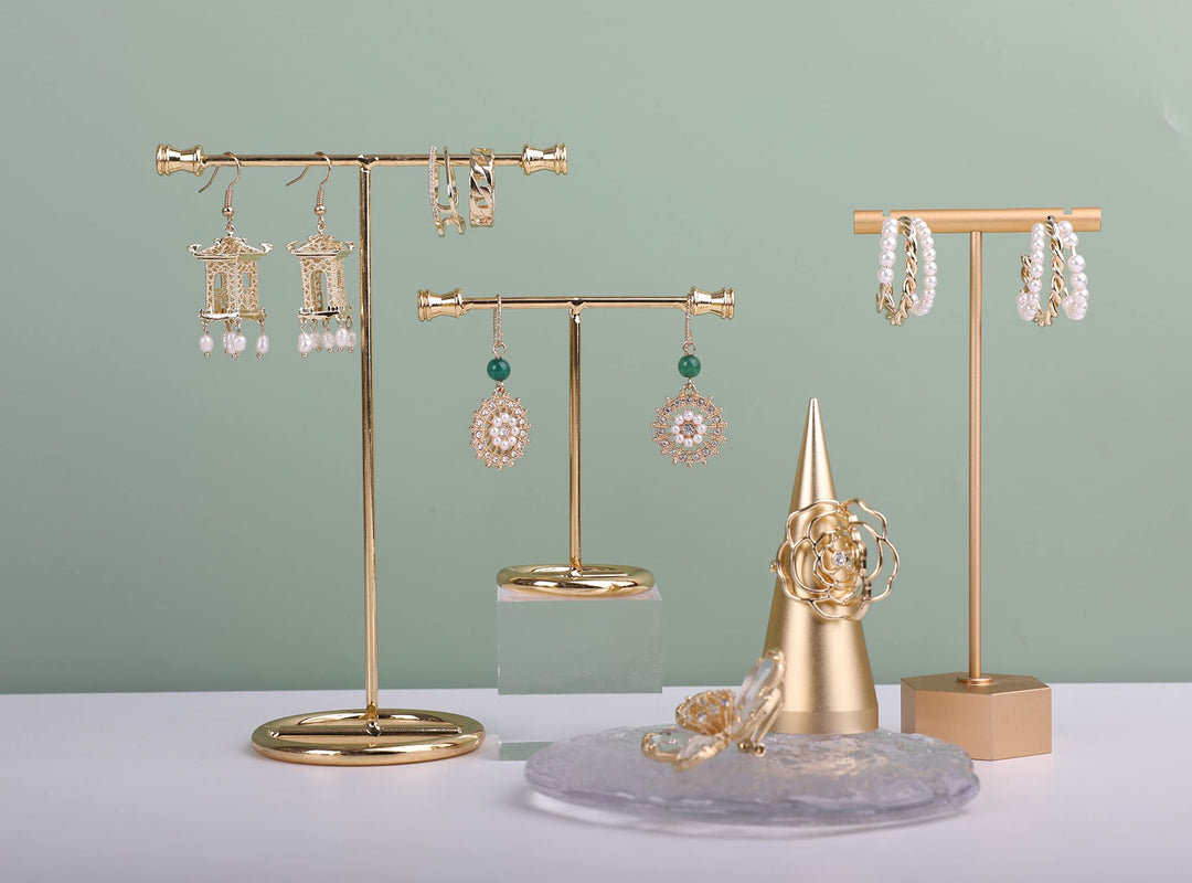 Gold Metal 2pcs T Bar Earring Display Stand, Jewelry Holders for online store Retail photography propsGold- Round Base 2pcs Height 3 and 6.1