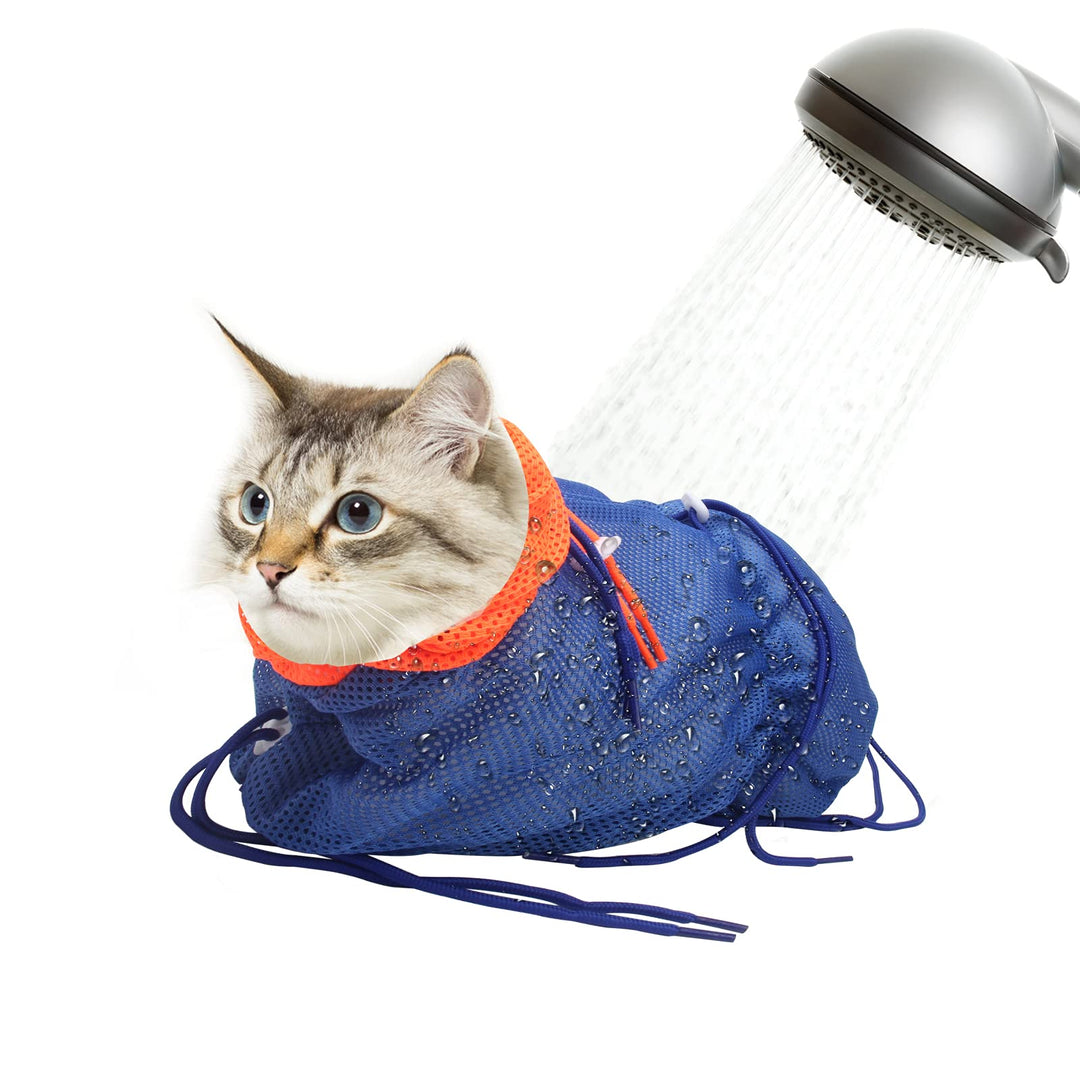 Catcan Cat Bathing Bag, Breathable Mesh Anti Scratch Adjustable Cat Grooming Bag for Nail Trimming, Bathing Polyester Soft Cat Washing Bag (Blue-Orange)