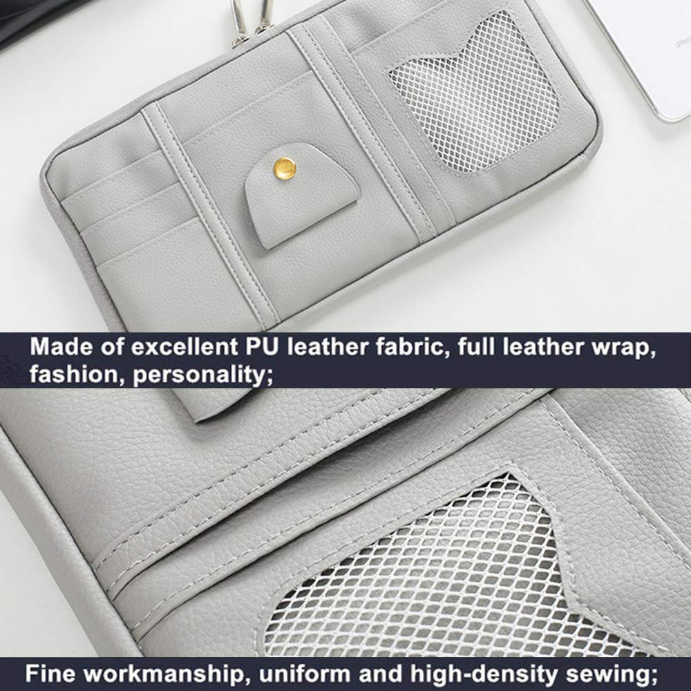 Car Sun Visor Organizer, PU Leather Auto Interior Accessories Pocket Organizer with Multi-Pocket with Zipper Net (Black)