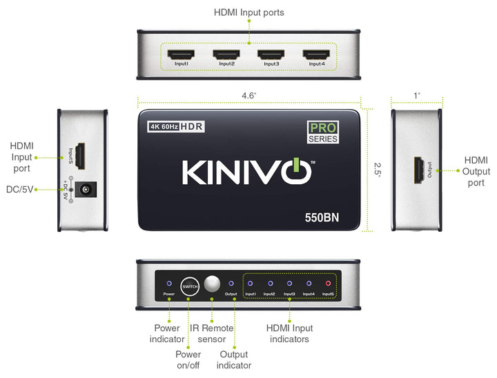 Kinivo HDMI Switch 4K HDR 550BN (5 in 1 Out, 4K 60Hz HD