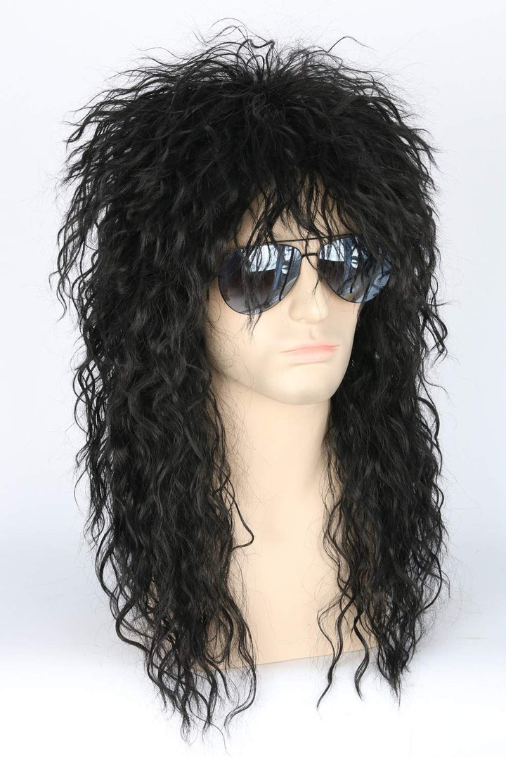 Men’s 80s Wig Black Mullet Wigs Halloween Costume Male Wig Punk Heavy Metal Rocker Wig Curly Long