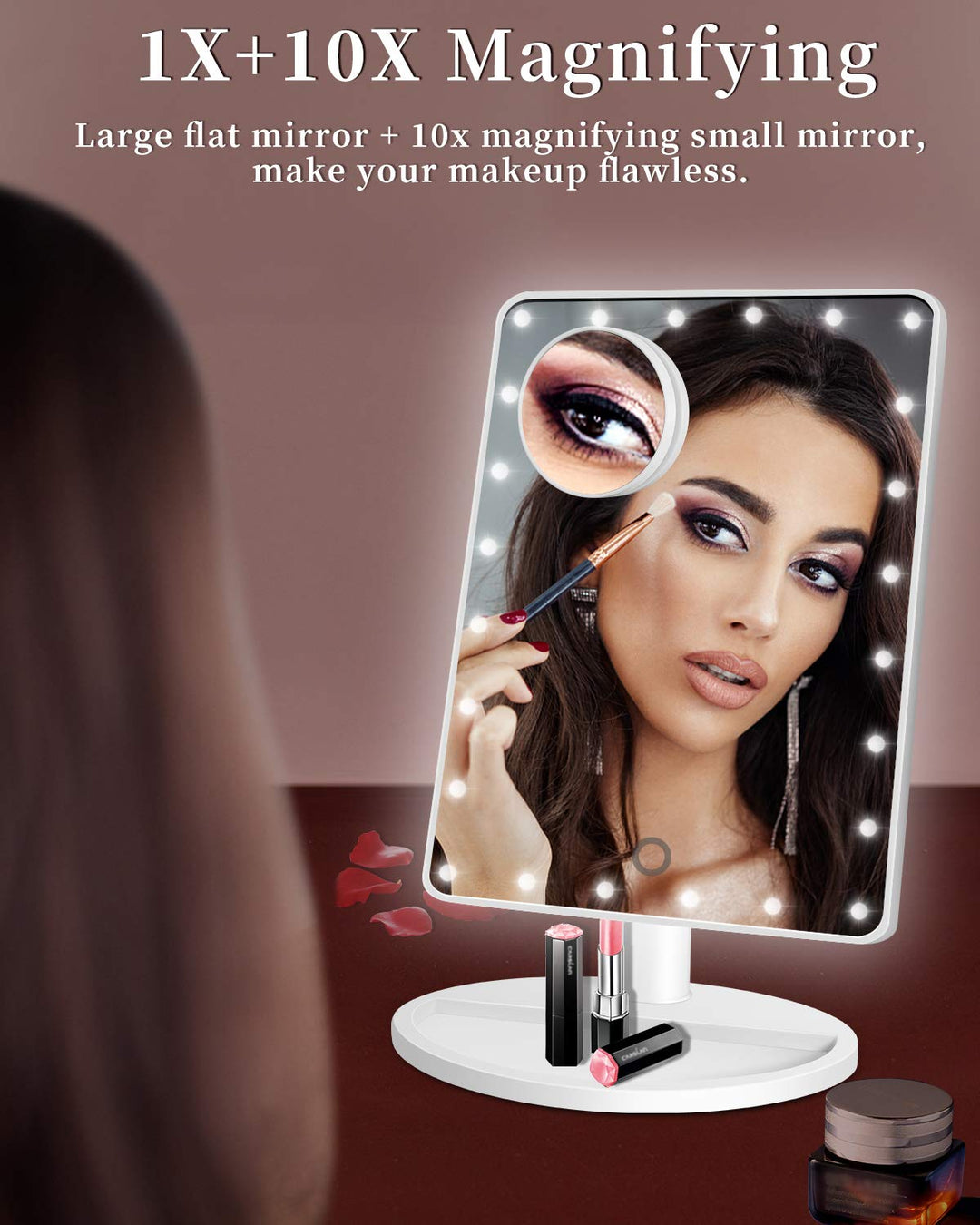 12 Large Vanity Makeup Mirror with Lights and 10x Magnification Small Mirror,Touch Adjustable Brightness LED Makeup Mirror Dual Power,360°Rotation Tabletop Desk Lighted Make up Mirror with Stand
