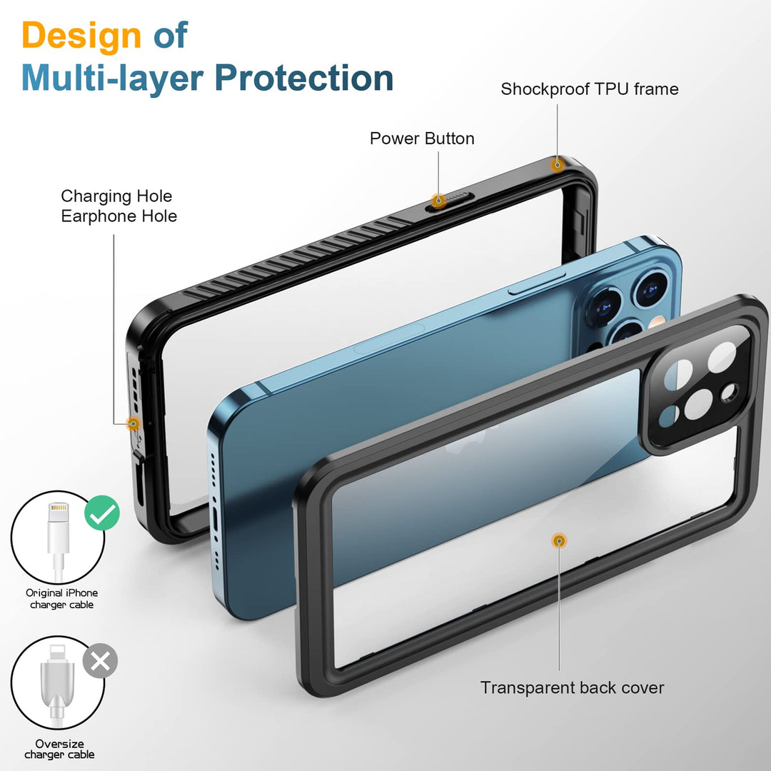 Case with Built-in Screen Protector Full Body Rugged Heavy Duty Shockproof Dustproof IP68 Waterproof Phone Case for iPhone 12 Pro Max 6.7 inch (Black)