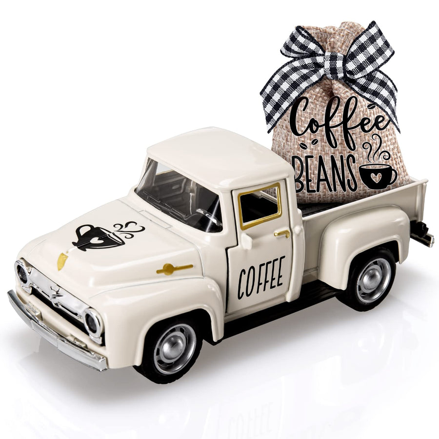 Coffee Decor for Coffee Bar Metal Truck with Coffee Beans Burlap Sack Vintage Pickup Farmhouse Coffee Station Tabletop Tiered Tray Decor Mini Diecast Truck Decorations
