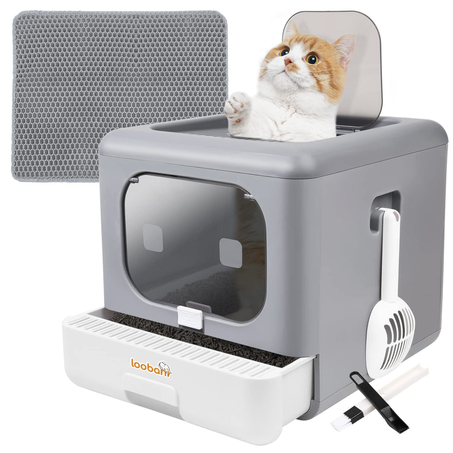Foldable Cat Litter Box with Lid,Enclosed and Covered Litter Box to Prevent Smell, Anti-Splashing Kitty Potty with Scoop and Mat for Easy Clean, Large Top Entry Cat Toilet with Drawer (Grey)