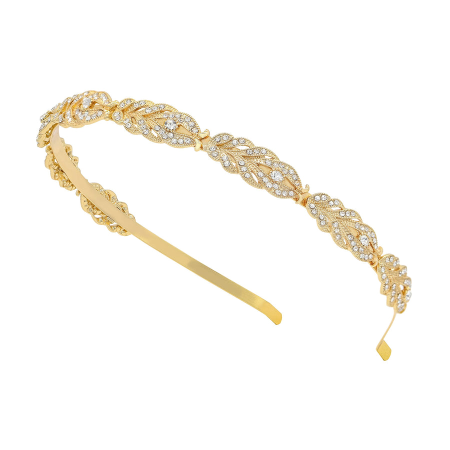 Ammei Flower Design Rhinestone Crystal Wedding Headband Bridal Headpieces Simple Design (Gold)