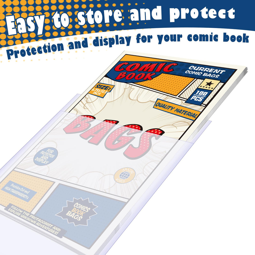Comic Book Bags, Current Size Comic Bags 7.2 X 10.5 inch Transparent Acid-Free and Reusable Comic Book Sleeves for Regular Comics (100)