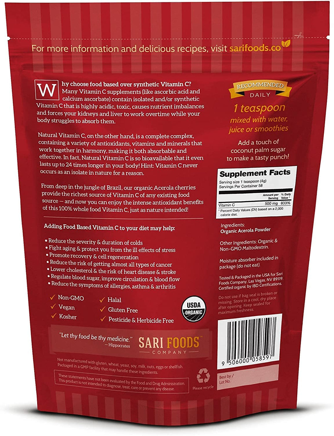 Sari Foods Co Organic Acerola Cherry Powder - Natural Vitamin C Complex Powder - Plant Based, Non-Synthetic Nutrition. Nature’s Daily Whole Food, Antioxidants and Bioflavonoids, 6 Ounce