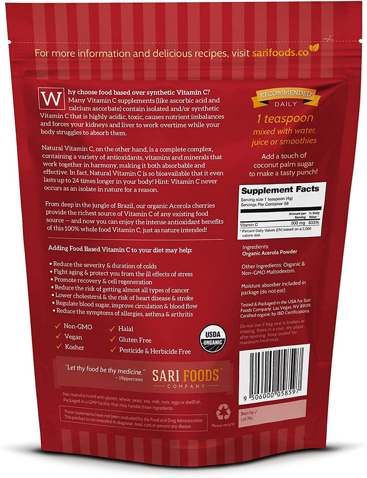Sari Foods Co Organic Acerola Cherry Powder - Natural Vitamin C Complex Powder - Plant Based, Non-Synthetic Nutrition. Nature’s Daily Whole Food, Antioxidants and Bioflavonoids, 6 Ounce