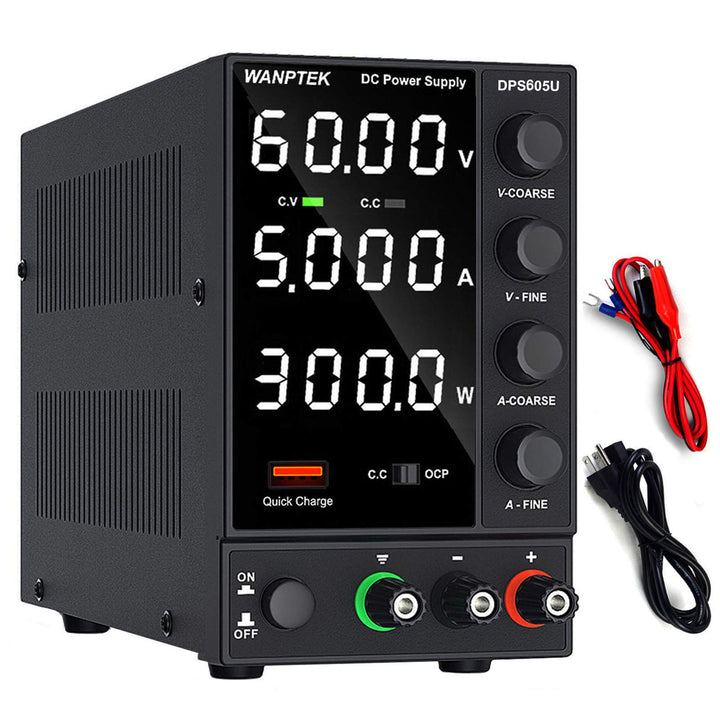 DC Power Supply Variable, Adjustable Switching Regulated Power Supply (0-60 V 0-5 A) with 4-Digits LED Display, Beach Power Supply with USB Quick-Charge Interface, Short Circuit Alarm