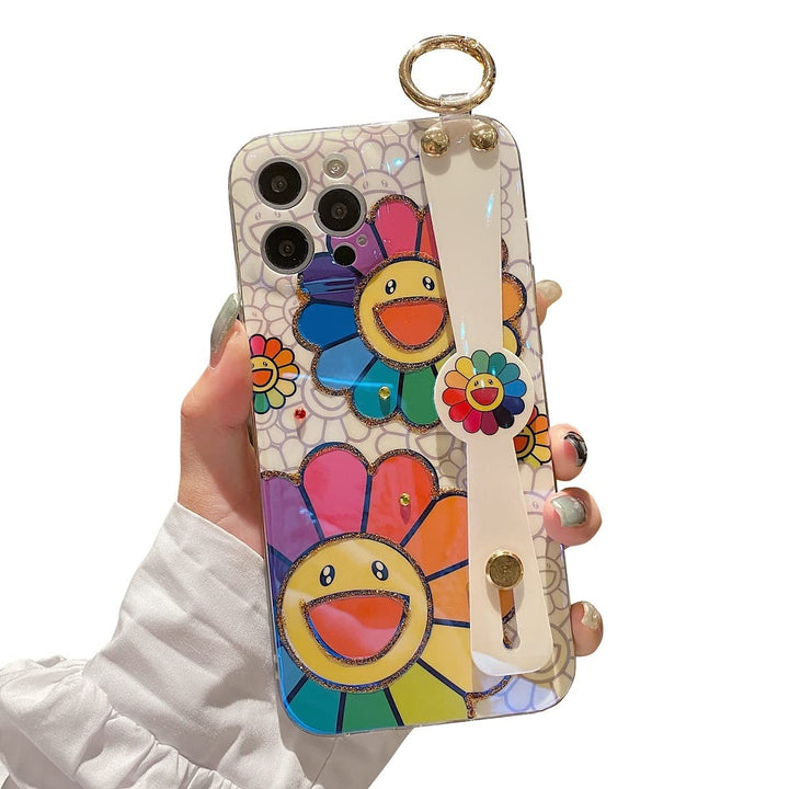 for iPhone 13 Pro Max Case Cute with Wrist Strap Kickstand Glitter Bling Cartoon IMD Soft TPU Shockproof Protective Cases Cover for Girls and Women - Sunflower