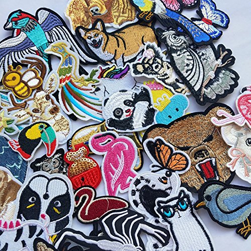 40pcs Kid Embroidered Flamingo Owl Panda Fish Dog Cat Bird Bear Butterfly Bee Patch Sew On/Iron On Patch Applique Clothes Dress Plant Hat Jeans Sewing Flowers Applique DIY Accessory (Animals)