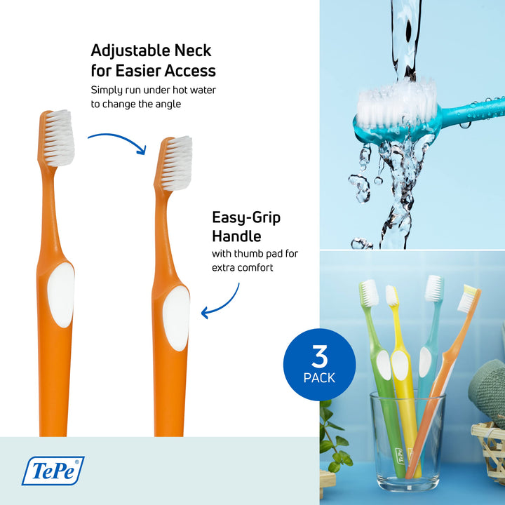 TEPE Supreme Toothbrush, Soft Bristle Toothbrush, Tapered Brush Head for Sensitive Teeth and Gum Care, Adult, 3 Pack