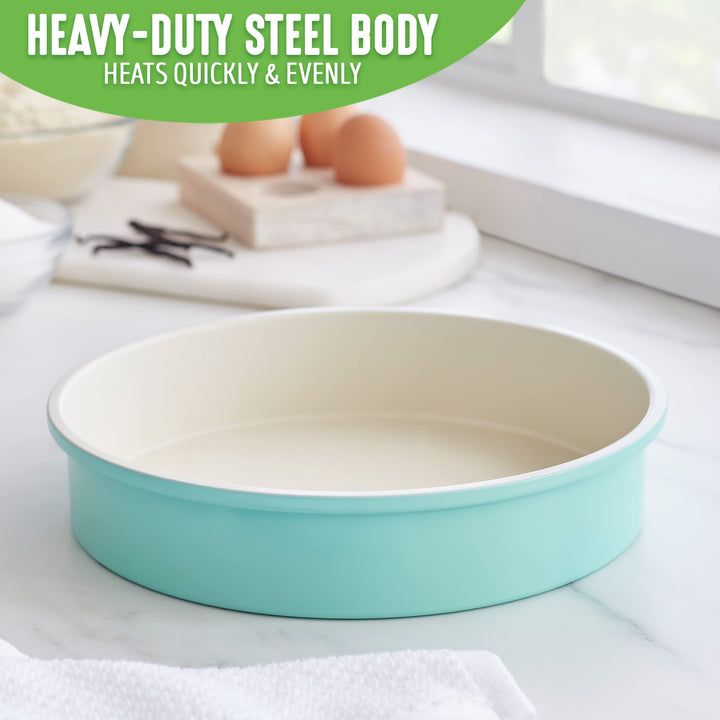 Bakeware 9 Round Cake Baking Pan, Healthy Ceramic Nonstick, PFAS &amp; PFOA-Free, Birthday Cakes Tarts &amp; More, Oven Safe to 450F, Easy Cleanup, Turquoise