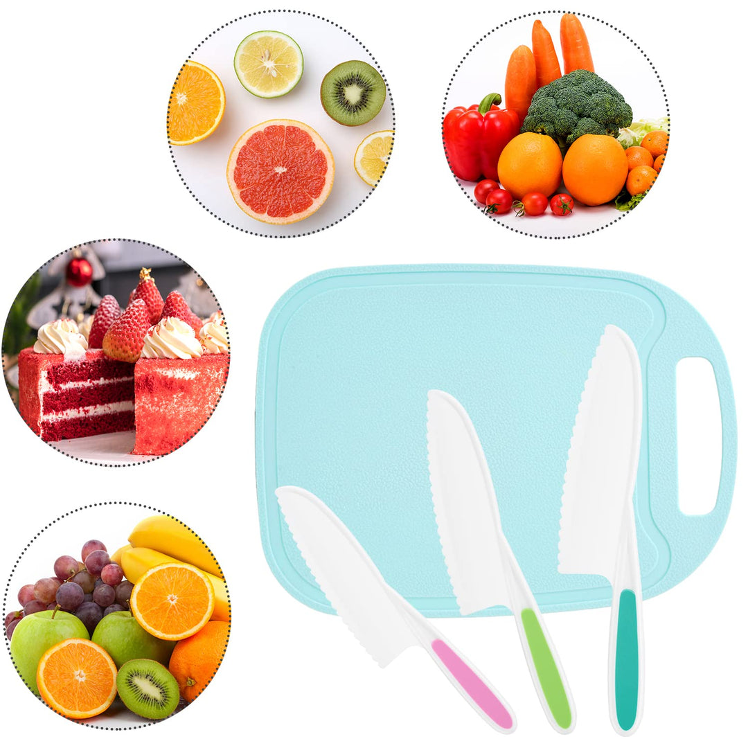 Kids Knife 4-Piece with Cutting Board - Toddler Knife Set Children&#39;s Cooking Nylon Knives - Serrated Edges and Firm Grip Suitable for Cutting Salad, Fruit, Cake, Lettuce (3 Sizes &amp; Colors)