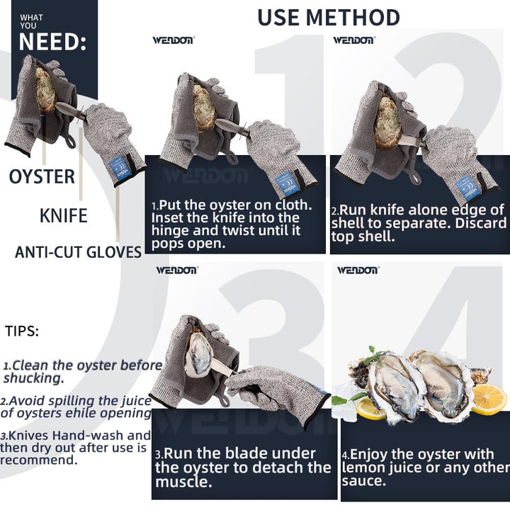 Oyster Knife Shucker Set Oyster Shucking Knife and Gloves Cut Resistant Level 5 Protection Seafood Opener Kit Tools Gift(2knifes+2Glove+1Cloth)