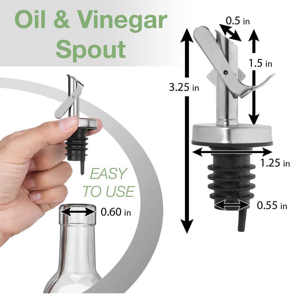 Replacement Olive Oil Dispenser Spout for .6” Bottle Opening - Oil Pourer Dimensions 3.25”H x 1.25”L x 1.25”W - Stainless Steel Automatic Closure Keeps Oil Fresh (Set of 2)