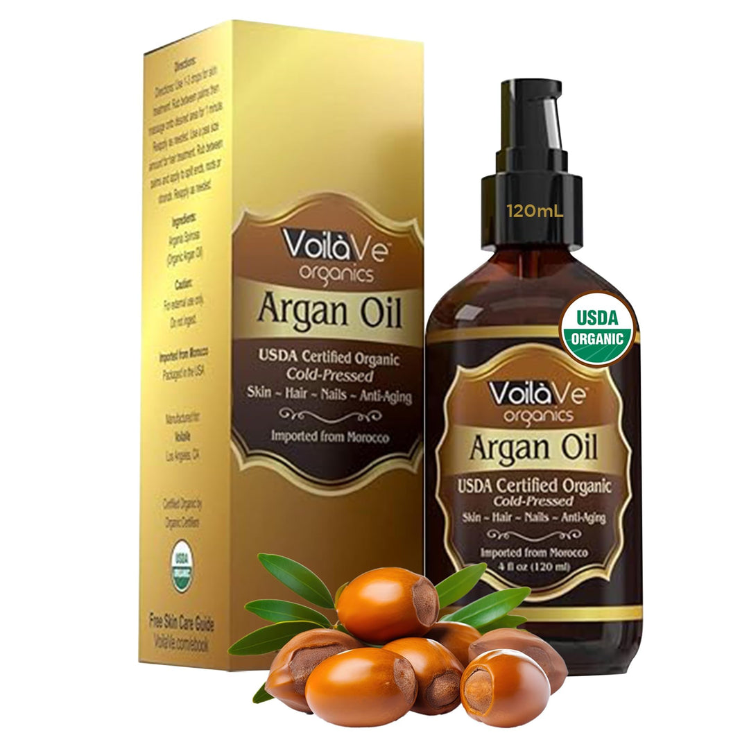 USDA and ECOCERT 100% Pure Organic Moroccan Argan Oil for Skin, Nails &amp; Hair Growth, Anti-Aging Face Moisturizer, Cold Pressed, Hair Moisturizer, Rich in Vitamin E, As Seen On TV - 4 fl oz