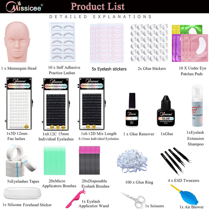 Lash Eyelash Extension Kit, False Eyelash Grafting Training Tool Kit For Beginners Eyelashes Extensions Practice with Flat Mannequin Head Individual Lashes Tweezers